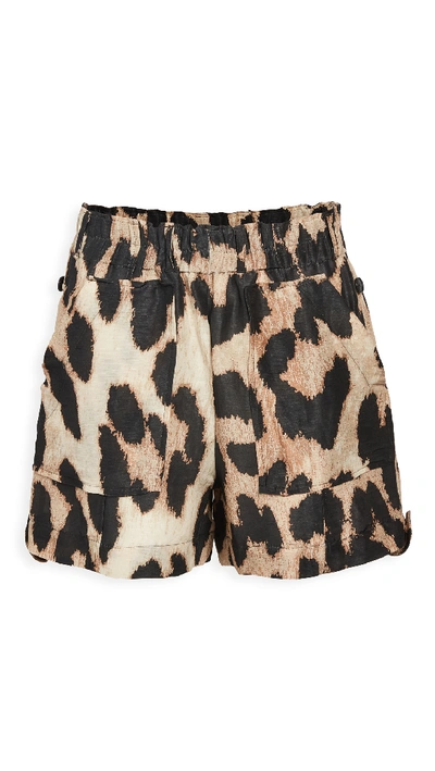 Shop Ganni Linen Shorts In Maxi Leopard