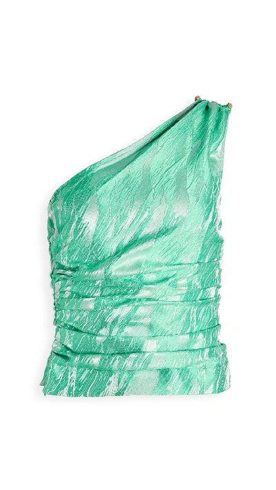 Ganni One shoulder Satin jacquard Top In Green ModeSens