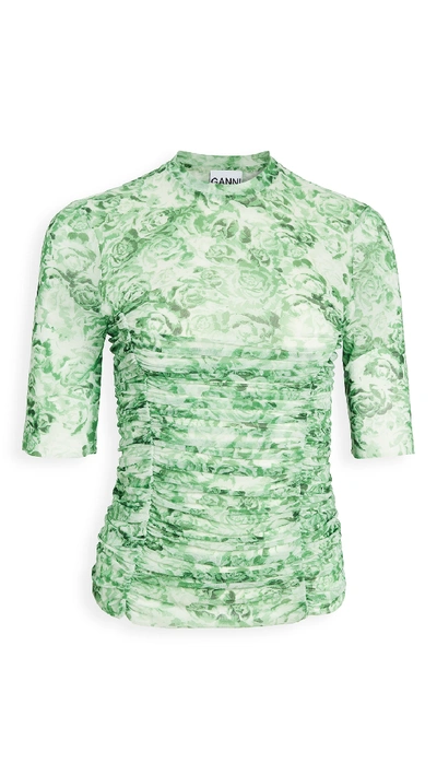 Shop Ganni Printed Mesh Top In Island Green