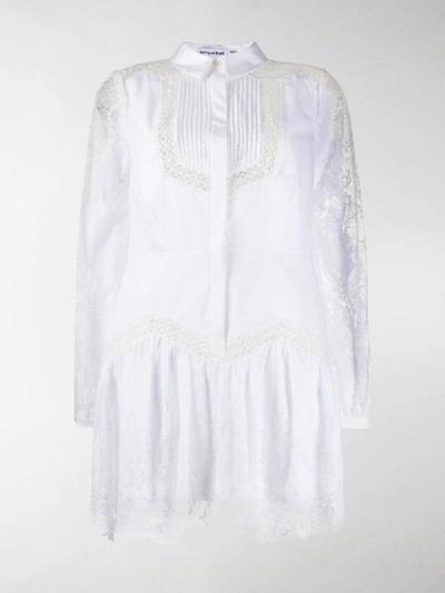Shop Self-portrait Lace Panel Shirt Dress In White