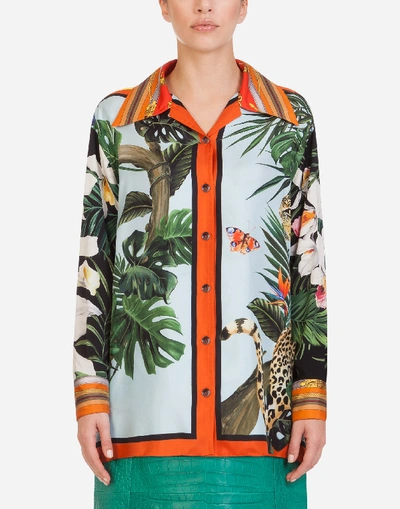 Shop Dolce & Gabbana Oversized Twill Shirt In Leopard And Giraffe Print In Multicolored
