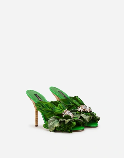 Shop Dolce & Gabbana Satin Mules With Leaf Appliqué And Jewel Embroidery