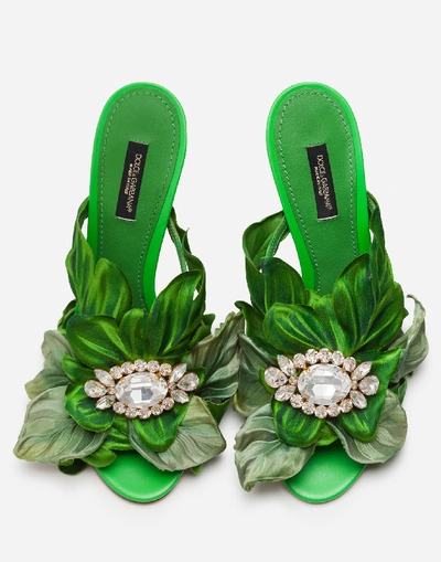 Shop Dolce & Gabbana Satin Mules With Leaf Appliqué And Jewel Embroidery