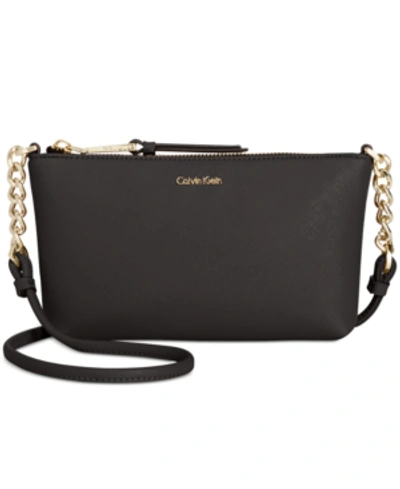 Buy Calvin Klein Hayden Saffiano Leather Top Zip Chain Crossbody,  Black/Gold at