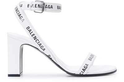 Shop Balenciaga Block Heel Logo Print Sandals In White Black