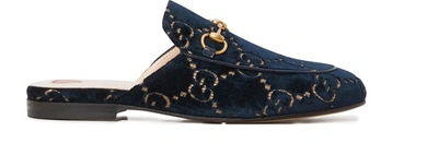 Shop Gucci Princetown Gg Velvet Slippers In Blue