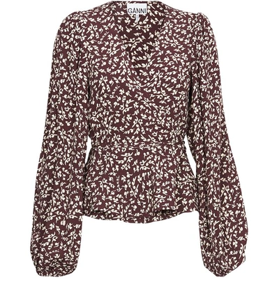 Shop Ganni Printed Wrap Top In Decadent Chocolate