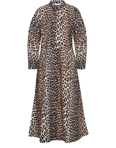 Shop Ganni Printed Cotton Maxi Dress In Leopard