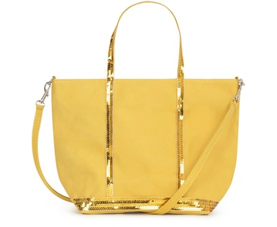 Shop Vanessa Bruno Small Canvas And Sequins Cabas Tote Bag With Detachable Strap In Bouton D'or