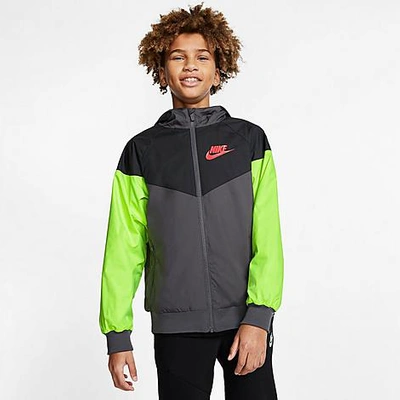 Shop Nike Boys' Sportswear Windrunner Jacket In Dark Grey/black/volt/laser Crimson