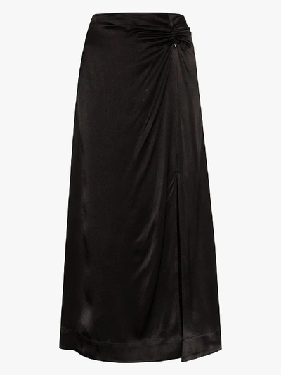 Shop Ganni High Waist Ruched Satin Midi Skirt In Black