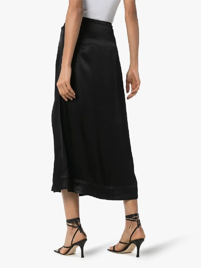 Shop Ganni High Waist Ruched Satin Midi Skirt In Black