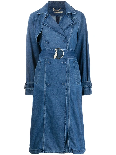Shop Patrizia Pepe Belted Denim Trench Coat In Blue