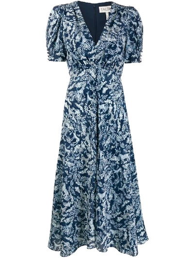 Shop Saloni Printed V-neck Dress In Blue