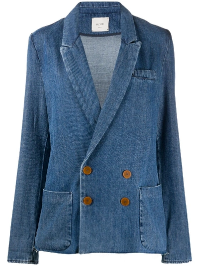 Shop Alysi Double-breasted Denim Blazer In Blue