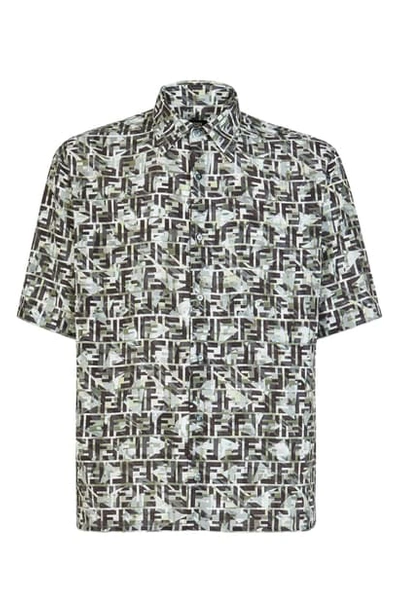 Shop Fendi Camouflage Ff Print Short Sleeve Button-up Shirt In Rosmarino