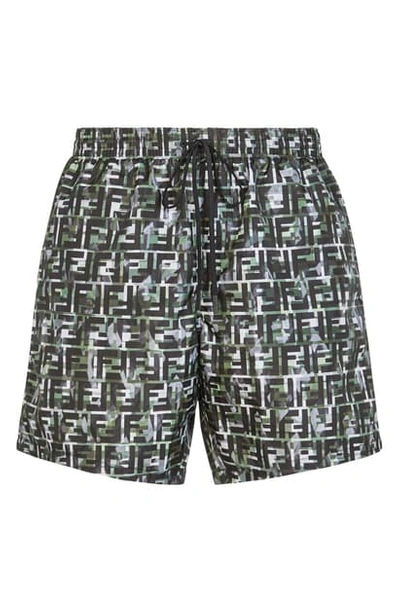 Shop Fendi Camouflage Ff Print Swim Trunks In Military Green/ Black