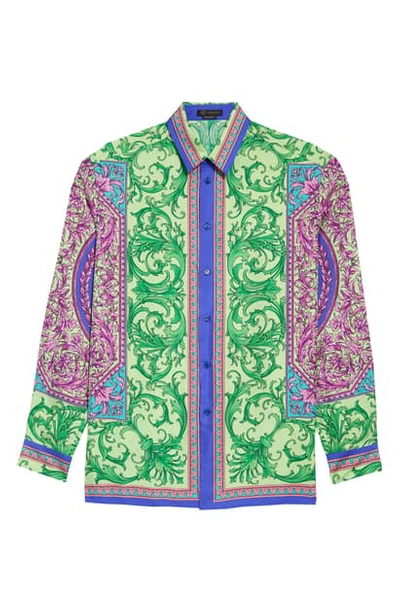 Shop Versace Print Silk Button-up Shirt In Green