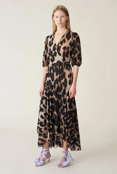 Shop Ganni Printed Mesh Wrap Dress In Leopard