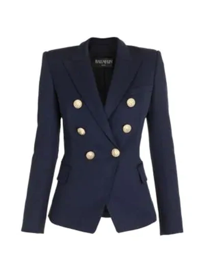 Shop Balmain Double Breasted Grain De Poudre Jacket In Marine