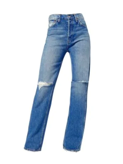 Shop Re/done High-rise Distressed Loose Slim Jeans In Washed Indigo With Rips