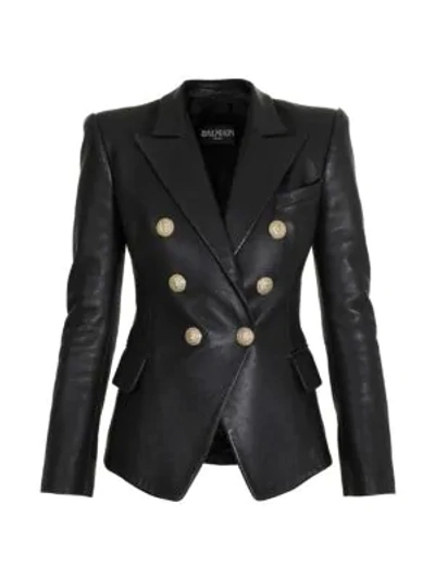 Shop Balmain Double Breasted Six Button Leather Jacket In Black