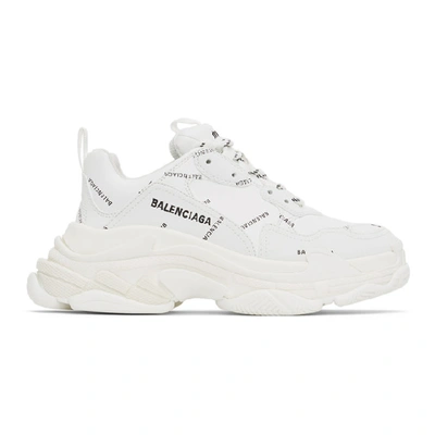 Shop Balenciaga White And Black Allover Logo Triple S Sneakers In 9010 White/