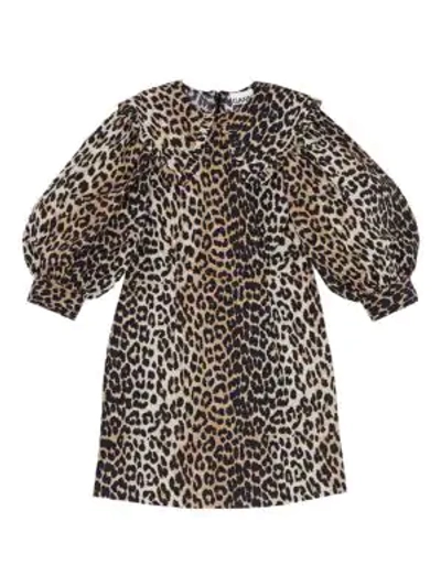Shop Ganni Printed Cotton Poplin Dress With Collar In Maxi Leopard