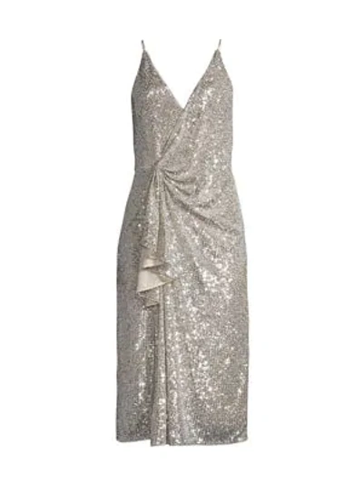 Shop Aidan Mattox Draped Sequin Dress In Champagne Silver