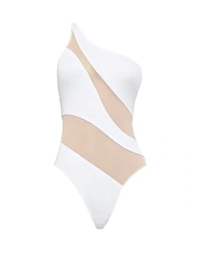 Shop Norma Kamali Mesh Insert One-shoulder One-piece Swimsuit In White
