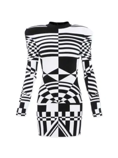 Shop Balmain Optical Jacquard Padded Shoulder Dress In Noir Black