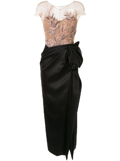Shop Marchesa Embellished Draped Evening Gown In Neutrals