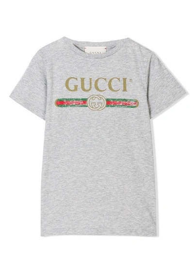 Shop Gucci Grey Cotton Logo Print T-shirt In Grigio