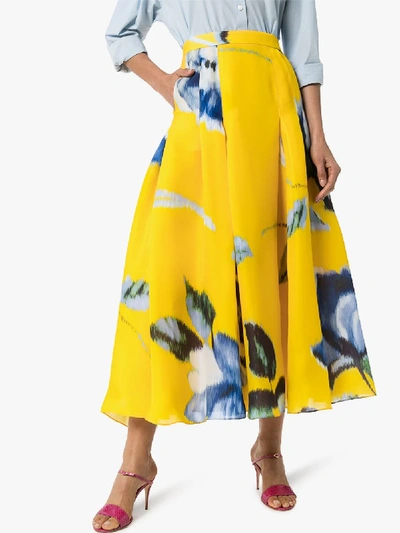 Shop Carolina Herrera Womens Yellow Floral Print Silk Midi Skirt