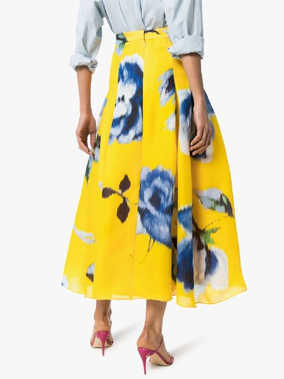 Shop Carolina Herrera Womens Yellow Floral Print Silk Midi Skirt