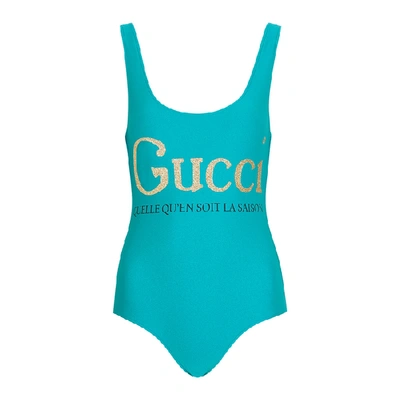 Shop Gucci Turquoise Logo-print Swimsuit