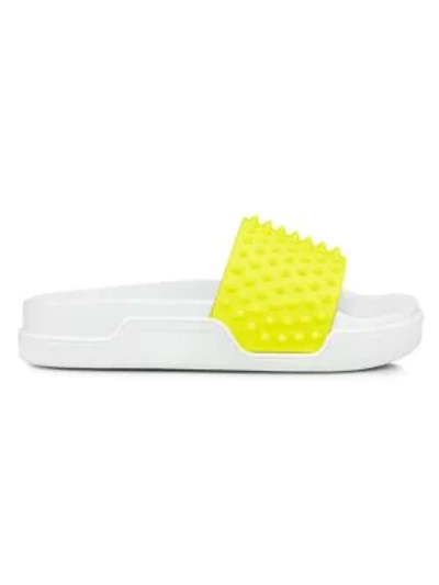 Shop Christian Louboutin Men's Pool Fun Spiked Leather Slides In Neon Yellow