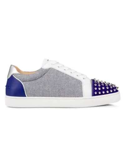 Shop Christian Louboutin Seavaste Spikes Leather & Canvas Low-top Sneakers In Blue
