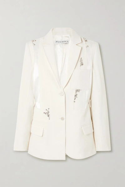 Shop Jw Anderson Crystal-embellished Paneled Satin And Wool-crepe Blazer In White