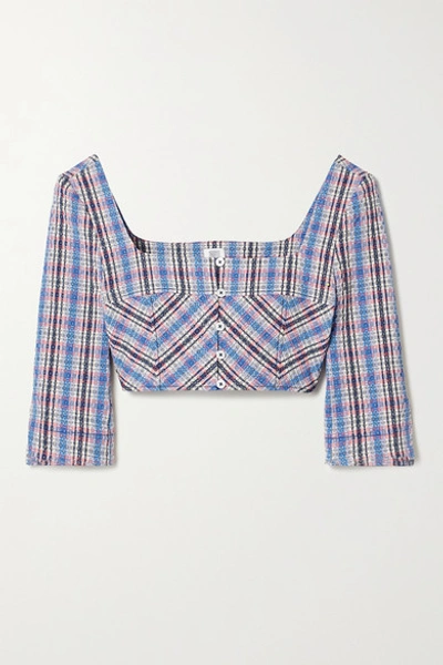 Shop Rosie Assoulin Cropped Checked Cotton-blend Jacquard Top In Blue