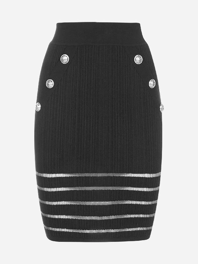 Shop Balmain Sheer Striped And Buttoned Viscose Stretch Skirt