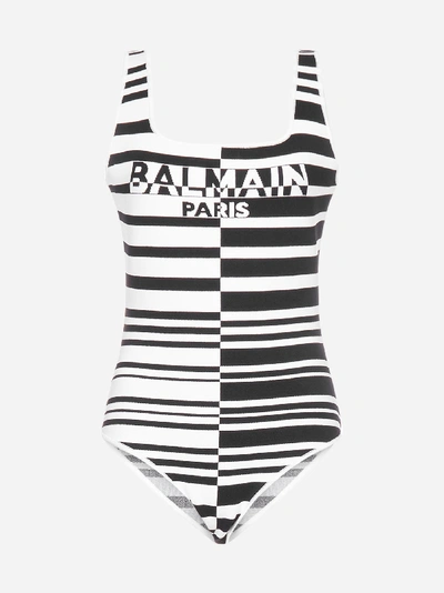 Shop Balmain Logo Striped Viscose Stretch Bodysuit