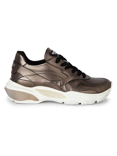 Shop Valentino Chunky Metallic Leather Sneakers In Grey