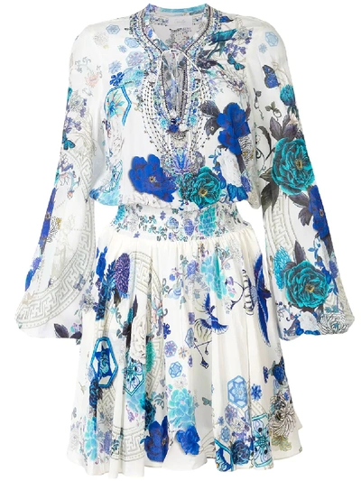 Shop Camilla White Moon Shirred Printed Dress In Blue