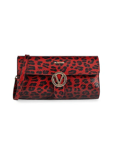 Shop Valentino By Mario Valentino Mabelle Animalier Leopard Leather Clutch Shoulder Bag In Red