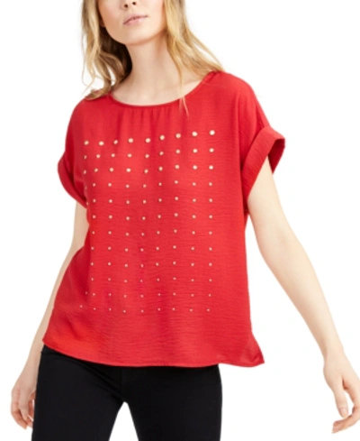 Shop Vince Camuto Studded Cuffed-sleeve Top In Rhubarb