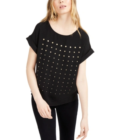 Shop Vince Camuto Studded Cuffed-sleeve Top In Rich Black