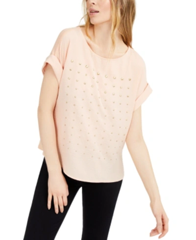 Shop Vince Camuto Studded Cuffed-sleeve Top In Apricot Cream