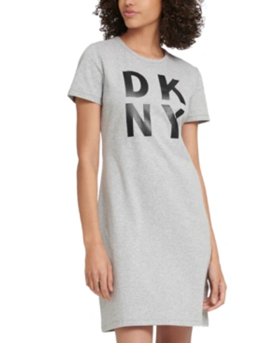 Shop Dkny Sport Cotton Stacked-logo T-shirt Dress In Pearl Grey Heather