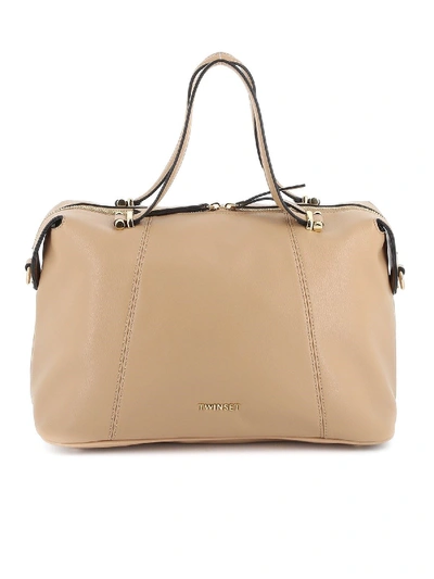Shop Twinset Faux Leather Bowling Bag In Beige